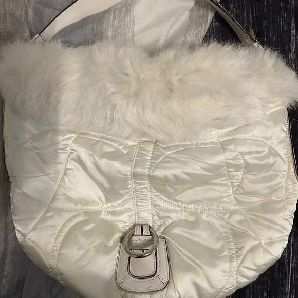 Coach white rabbit fur trim purse